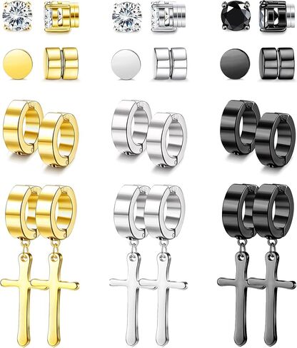 FIBO STEEL 12 Pairs Magnetic Non-Piercing Stud Earrings for Men Women Stainless Steel Mens Clip on Earrings Fake Gauge Cross Dangle Huggie Hoop Earring Set in Saudi Arabia