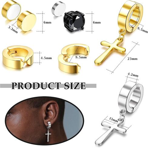 FIBO STEEL 12 Pairs Magnetic Non-Piercing Stud Earrings for Men Women Stainless Steel Mens Clip on Earrings Fake Gauge Cross Dangle Huggie Hoop Earring Set in Saudi Arabia