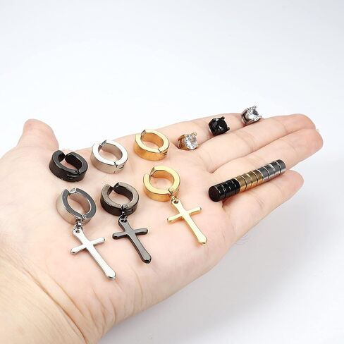 FIBO STEEL 12 Pairs Magnetic Non-Piercing Stud Earrings for Men Women Stainless Steel Mens Clip on Earrings Fake Gauge Cross Dangle Huggie Hoop Earring Set in Saudi Arabia