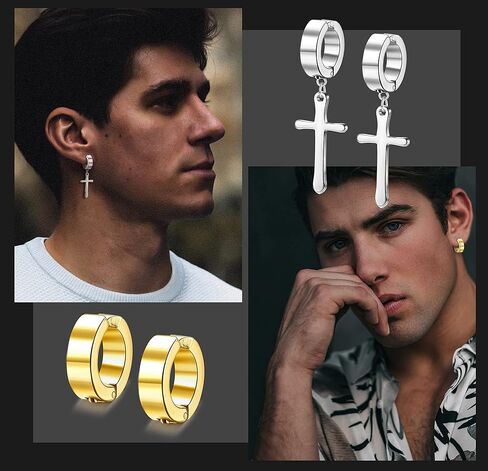 FIBO STEEL 12 Pairs Magnetic Non-Piercing Stud Earrings for Men Women Stainless Steel Mens Clip on Earrings Fake Gauge Cross Dangle Huggie Hoop Earring Set in Saudi Arabia