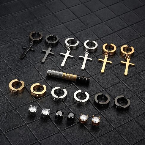 FIBO STEEL 12 Pairs Magnetic Non-Piercing Stud Earrings for Men Women Stainless Steel Mens Clip on Earrings Fake Gauge Cross Dangle Huggie Hoop Earring Set in Saudi Arabia