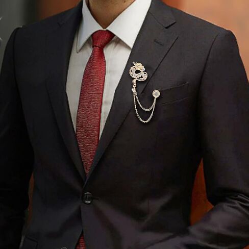 Gold Plated Chain Dragon Brooches Collar Pins Crystal Rhinestone Animal With Hanging Chain Suit Shirt Lapel Brooch Pin Fashion Jewelry for Men Boy in Saudi Arabia