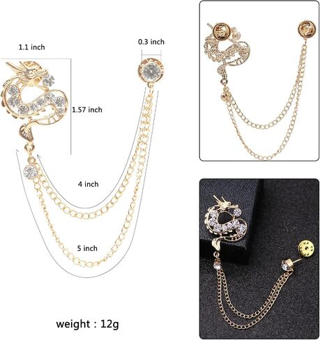 Gold Plated Chain Dragon Brooches Collar Pins Crystal Rhinestone Animal With Hanging Chain Suit Shirt Lapel Brooch Pin Fashion Jewelry for Men Boy in Saudi Arabia