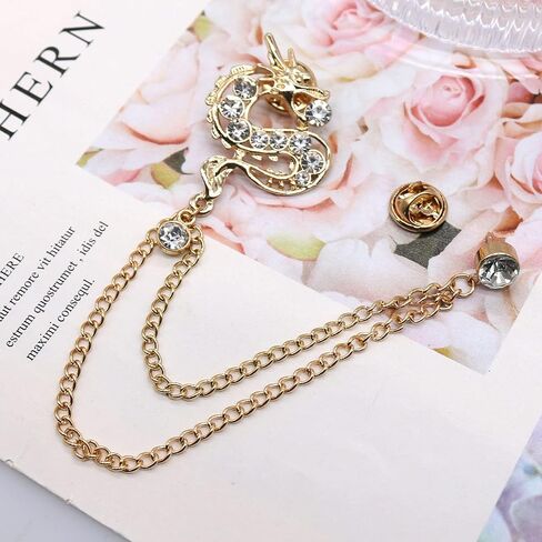 Gold Plated Chain Dragon Brooches Collar Pins Crystal Rhinestone Animal With Hanging Chain Suit Shirt Lapel Brooch Pin Fashion Jewelry for Men Boy in Saudi Arabia