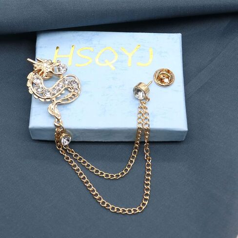 Gold Plated Chain Dragon Brooches Collar Pins Crystal Rhinestone Animal With Hanging Chain Suit Shirt Lapel Brooch Pin Fashion Jewelry for Men Boy in Saudi Arabia