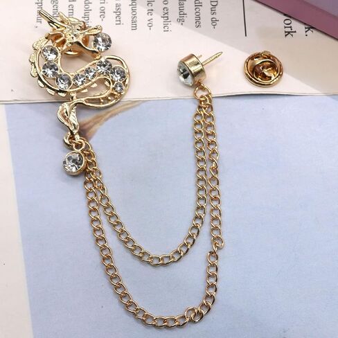 Gold Plated Chain Dragon Brooches Collar Pins Crystal Rhinestone Animal With Hanging Chain Suit Shirt Lapel Brooch Pin Fashion Jewelry for Men Boy in Saudi Arabia
