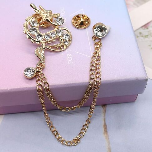 Gold Plated Chain Dragon Brooches Collar Pins Crystal Rhinestone Animal With Hanging Chain Suit Shirt Lapel Brooch Pin Fashion Jewelry for Men Boy in Saudi Arabia