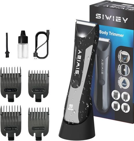 ماكينة تشذيب شعر الجسم للرجال، ماكينة حلاقة الوجه الكهربائية الرطبة / الجافة من SIWIEY للشارب والعانة مع ضوء LED، مقاومة للماء IPX6، شاشة LCD، ماكينة حلاقة صحية، قاعدة شحن in Kuwait