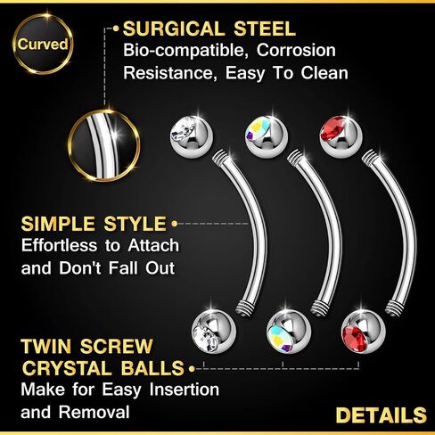 3PCS Surgical Steel Curved Barbell Bar 14 Gauge 5/16 8mm 4mm Crystal Ball Lobe Earrings Tragus Piercing Jewelry Choose Colors in Kuwait
