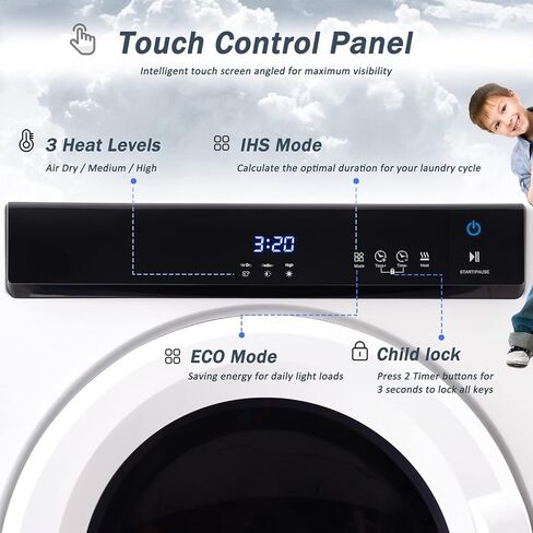 ZWJABYY Electric Dryer,Drum Dryer Machine,Portable Clothes Dryer,with Stainless Steel Tub,LCD Screen & Exhaust Pipe for Apartment,Home, Dorm-110V/1500W,White in Saudi Arabia