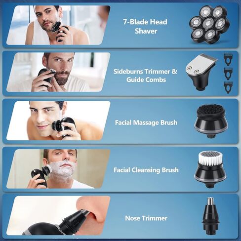 ماكينة حلاقة اللحية الكهربائية للرجال، ماكينة حلاقة الرأس 7D مقاومة للماء، ماكينة حلاقة لاسلكية 5 في 1، مجموعة حلاقة قابلة لاعادة الشحن للاستخدام الرطب والجاف مع مقص لحية وتشذيب الانف in Kuwait