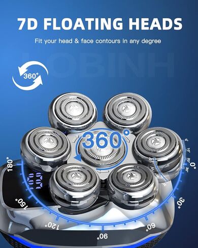LOBINH Electric Head Shaver for Bald Men, 5-in-1 Men's Electric Rotary Razor with 7D Floating Head, 100% Washable Wet & Dry Shaving with Grooming Kit, LED Display, USB Rechargeable Type-C Adapter in Saudi Arabia