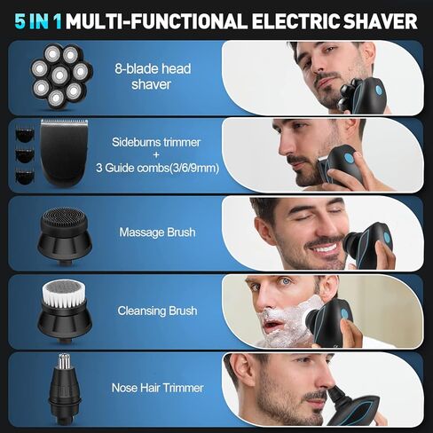 Qreeyx Head Shaver for Bald Men 5-in-1 Electric Head Shaver for Men 8D Head Razor Waterproof Men's Grooming Kit with Nose&Ear Trimmer Cordless Shaver with LED Display and USB Rechargeable in Kuwait
