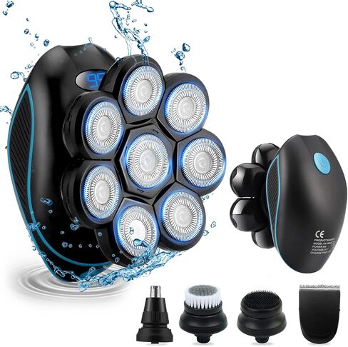 Qreeyx Head Shaver for Bald Men 5-in-1 Electric Head Shaver for Men 8D Head Razor Waterproof Men's Grooming Kit with Nose&Ear Trimmer Cordless Shaver with LED Display and USB Rechargeable in Kuwait