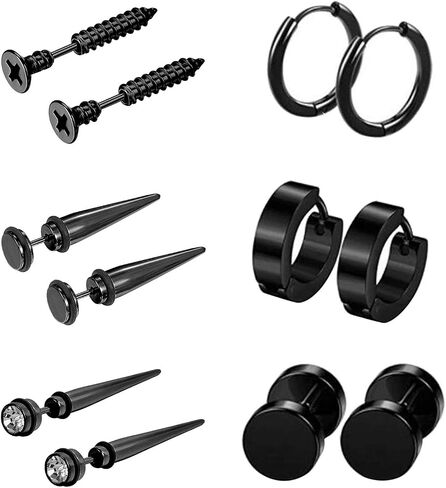 Aroncent 6 Pairs Stainless Steel Earrings for Men Small Hoop Earrings Fake Gauges Fake Earrings Spike Earrings for Men Women Earrings Set in Saudi Arabia