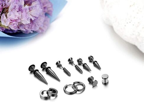 Aroncent 6 Pairs Stainless Steel Earrings for Men Small Hoop Earrings Fake Gauges Fake Earrings Spike Earrings for Men Women Earrings Set in Saudi Arabia
