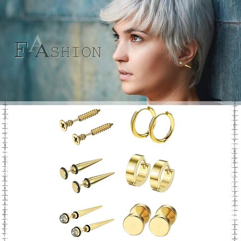 Aroncent 6 Pairs Stainless Steel Earrings for Men Small Hoop Earrings Fake Gauges Fake Earrings Spike Earrings for Men Women Earrings Set in Saudi Arabia