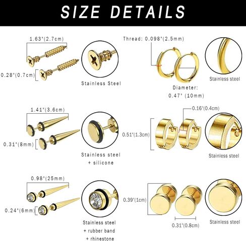 Aroncent 6 Pairs Stainless Steel Earrings for Men Small Hoop Earrings Fake Gauges Fake Earrings Spike Earrings for Men Women Earrings Set in Saudi Arabia