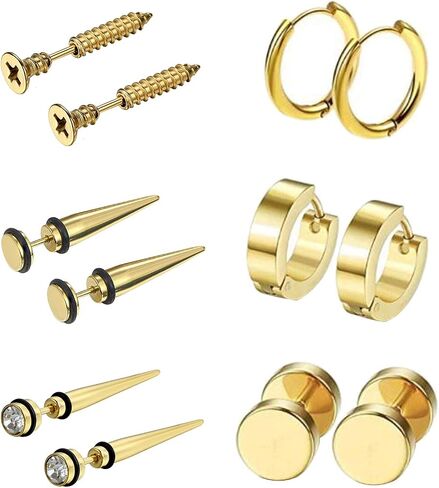 Aroncent 6 Pairs Stainless Steel Earrings for Men Small Hoop Earrings Fake Gauges Fake Earrings Spike Earrings for Men Women Earrings Set in Saudi Arabia