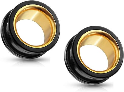 Pierced Owl - Black Stainless Steel with Gold PVD Interior Double Flared Tunnel Plug Gauges, Sold as a Pair in Saudi Arabia