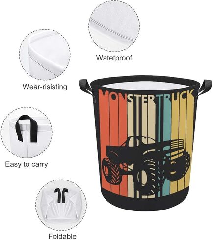 Monster Truck Retro Laundry Basket Hamper Bag Dirty Clothes Storage Bin Waterproof Foldable Collapsible Toy Organizer for Office Bedroom Clothes Toys Gift Basket in Kuwait