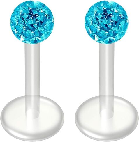 2pc 16g Crystal CZ Blue Bioplast Labret Flexible Lip Stud Clear BioFlex Hypoallergenic Jewelry 12mm in Kuwait