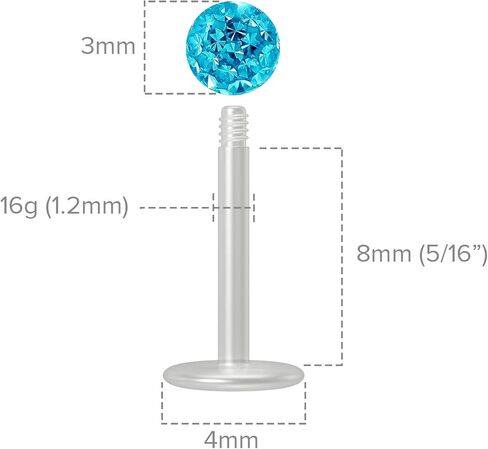 2pc 16g Crystal CZ Blue Bioplast Labret Flexible Lip Stud Clear BioFlex Hypoallergenic Jewelry 12mm in Kuwait