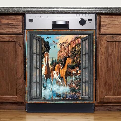 Running Horse Magnetic Dishwasher Sticker Kitchen Dishwasher Magnet Cover Reusable Dishwasher Home Decor Wallpaper 23" x 26" in Saudi Arabia