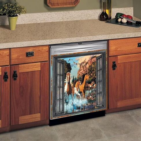 Running Horse Magnetic Dishwasher Sticker Kitchen Dishwasher Magnet Cover Reusable Dishwasher Home Decor Wallpaper 23" x 26" in Saudi Arabia