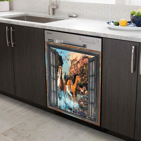 Running Horse Magnetic Dishwasher Sticker Kitchen Dishwasher Magnet Cover Reusable Dishwasher Home Decor Wallpaper 23" x 26" in Saudi Arabia