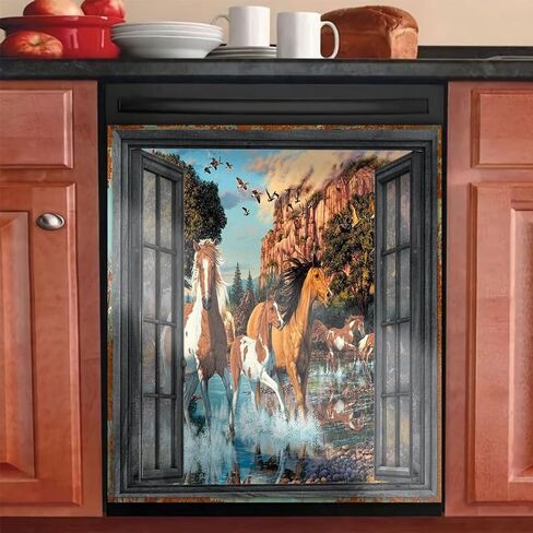 Running Horse Magnetic Dishwasher Sticker Kitchen Dishwasher Magnet Cover Reusable Dishwasher Home Decor Wallpaper 23" x 26" in Saudi Arabia