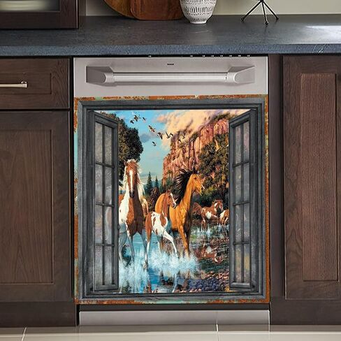 Running Horse Magnetic Dishwasher Sticker Kitchen Dishwasher Magnet Cover Reusable Dishwasher Home Decor Wallpaper 23" x 26" in Saudi Arabia