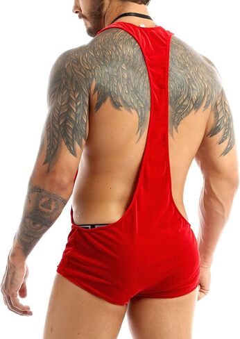 ACSUSS Mens Soft Velvet Christmas Lingerie Racer Back Leotard Wrestling Singlet Bodysuit with Bowtie in Kuwait