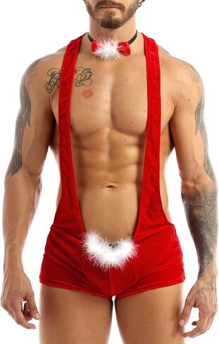 ACSUSS Mens Soft Velvet Christmas Lingerie Racer Back Leotard Wrestling Singlet Bodysuit with Bowtie in Kuwait