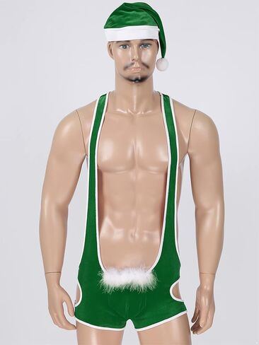 ACSUSS Mens Soft Velvet Christmas Lingerie Racer Back Leotard Wrestling Singlet Bodysuit with Bowtie in Kuwait