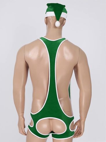 ACSUSS Mens Soft Velvet Christmas Lingerie Racer Back Leotard Wrestling Singlet Bodysuit with Bowtie in Kuwait