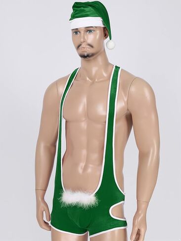 ACSUSS Mens Soft Velvet Christmas Lingerie Racer Back Leotard Wrestling Singlet Bodysuit with Bowtie in Kuwait