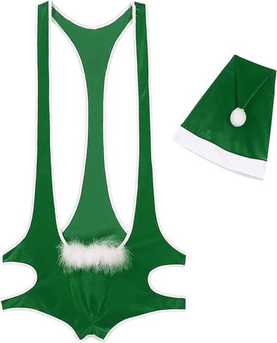 ACSUSS Mens Soft Velvet Christmas Lingerie Racer Back Leotard Wrestling Singlet Bodysuit with Bowtie in Kuwait