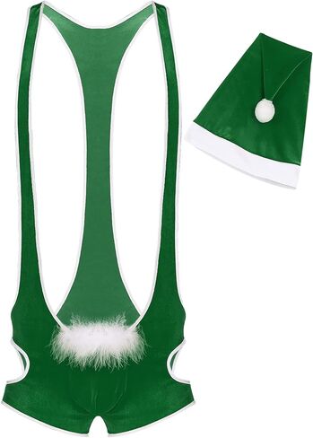 ACSUSS Mens Soft Velvet Christmas Lingerie Racer Back Leotard Wrestling Singlet Bodysuit with Bowtie in Kuwait