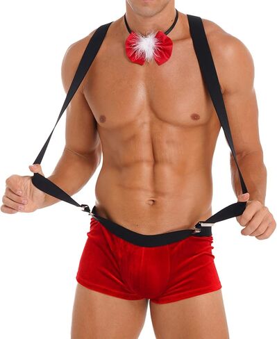 ACSUSS Mens Soft Velvet Christmas Lingerie Racer Back Leotard Wrestling Singlet Bodysuit with Bowtie in Kuwait