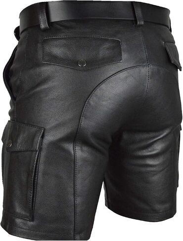 Original Leather Men’s | Cargo Shorts | Black Glossy Finish | with Leather Belt (Custom Size) in Saudi Arabia