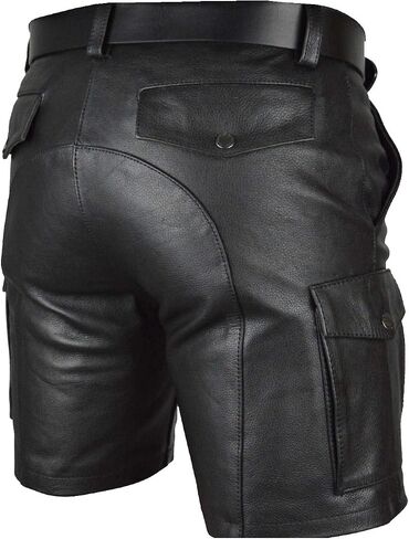 Original Leather Men’s | Cargo Shorts | Black Glossy Finish | with Leather Belt (Custom Size) in Saudi Arabia