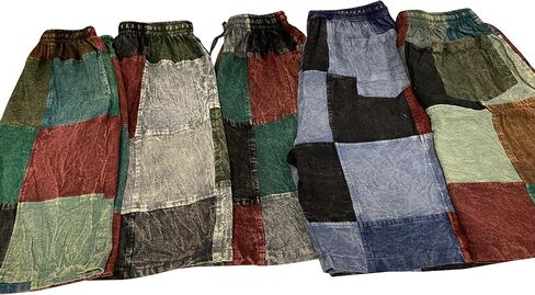 Men's Boho Bohemian Hippie Stonewashed Cotton Patchwork Colorblock Rustic Three Pocket Festival Shorts in Saudi Arabia