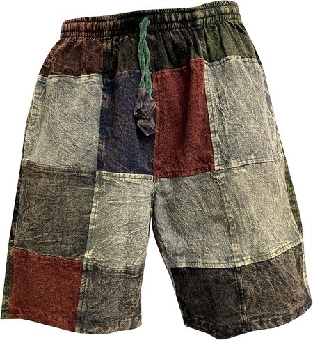 Men's Boho Bohemian Hippie Stonewashed Cotton Patchwork Colorblock Rustic Three Pocket Festival Shorts in Saudi Arabia