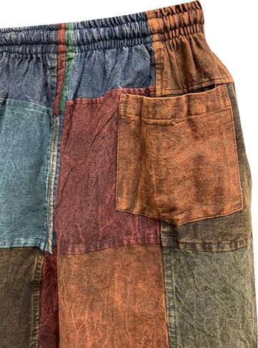 Men's Boho Bohemian Hippie Stonewashed Cotton Patchwork Colorblock Rustic Three Pocket Festival Shorts in Saudi Arabia