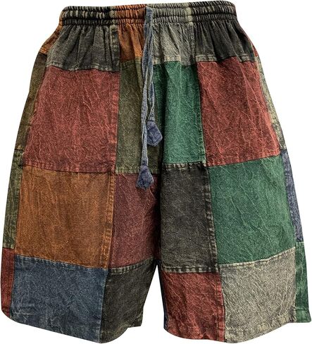Men's Boho Bohemian Hippie Stonewashed Cotton Patchwork Colorblock Rustic Three Pocket Festival Shorts in Saudi Arabia