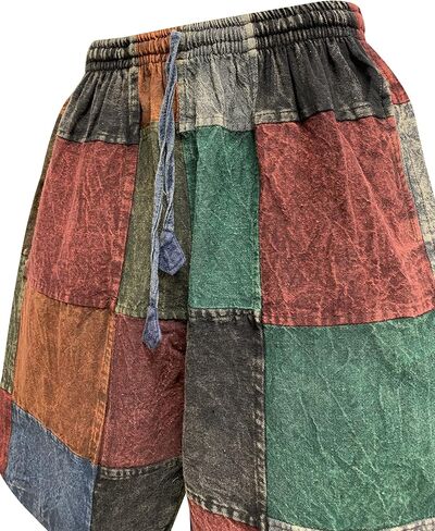 Men's Boho Bohemian Hippie Stonewashed Cotton Patchwork Colorblock Rustic Three Pocket Festival Shorts in Saudi Arabia