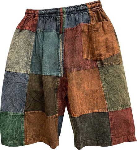 Men's Boho Bohemian Hippie Stonewashed Cotton Patchwork Colorblock Rustic Three Pocket Festival Shorts in Saudi Arabia
