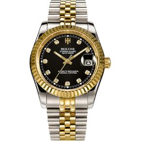 Mens Full Gold Watch Automatic Mechanical Gilded Steel Self-Wind Sapphire Glass Dress Waterproof Watch