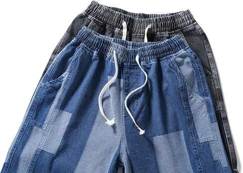 Men's Ripped Regular Fit Baggy Jean Shorts Casual Drawstring Loose Denim Short Knee Length Splicing Summer Jeans Shorts (Blue 3,X-Large) in Saudi Arabia